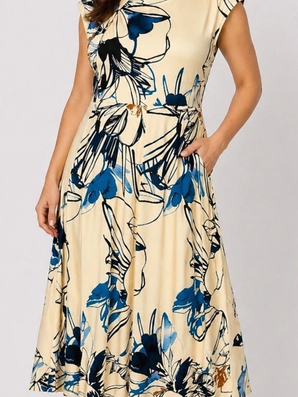 Calvin Klein Cream Dress with Blue Floral Watercolor Print